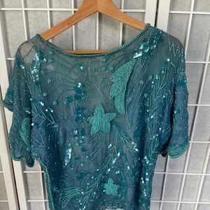JMD New York Vintage Blouse, Silk, Blue Beaded, Size Med.
